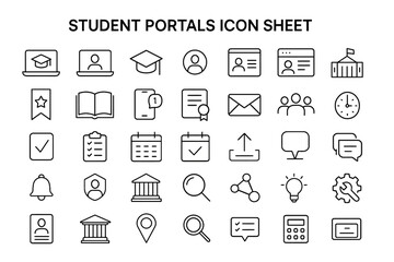 Student Portal Icons: A comprehensive set of black and white line icons, representing various functionalities associated with student portals, ideal for web design and educational applications.