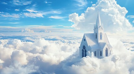 White church house with pointed roof and arched windows floats above a sea of soft white clouds in blue sky.