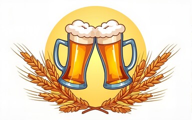 International beer day logo with clinking mugs and wheat icon for global beer lovers celebration print. High quality