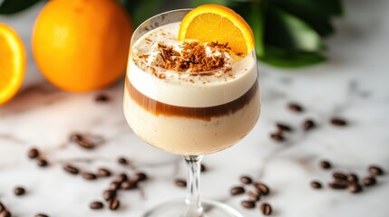 Layered coffee cocktail in crystal glass with slices of orange and coffee beans on a white marble surface