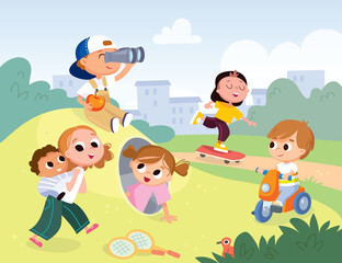 A cartoon child playing with a ball. A boy runs and kicks a soccer ball. Children's sports activity.