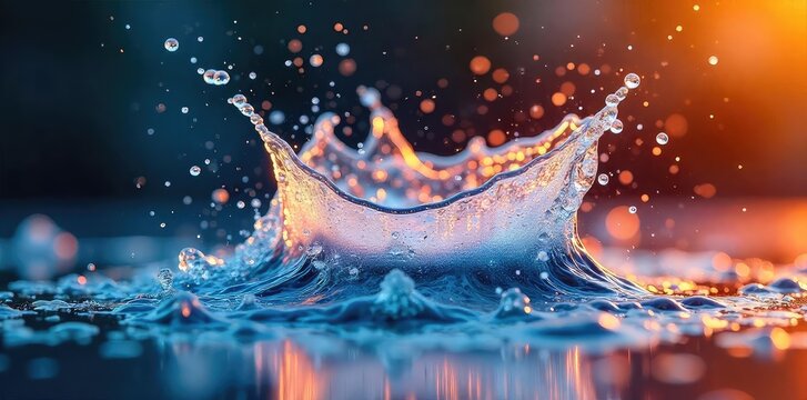 A vibrant, close-up shot of water droplets exploding outwards, creating a dynamic and energetic splash Perfect for themes of freshness, energy, and natural beauty , glistening, blue, surface tension