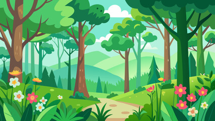 Vector art of a winding path leads through a beautiful forest with tall trees, green hills, and blooming flowers