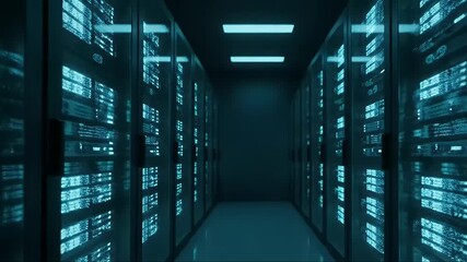 Dark server room with glowing blue lights, showcasing digital data processing and cloud computing infrastructure - Powered by Adobe