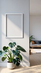 Blank white square frame on a light blue wall with a potted monstera plant