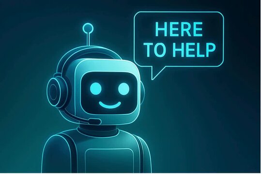 A friendly robot with a headset and a speech bubble HERE TO HELP is depicted in a photorealistic illustration. It's a concept of customer service and digital assistance.