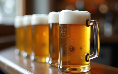 Row of mugs with cold fresh golden beer on wooden table on blurred background. Craft beer on glasses Oktoberfest, international beer day and St. Patrick's day celebration in a pub or bar. Copy space