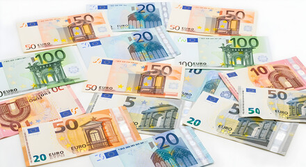 Pile of Euro Banknotes Featuring 5 10 20 50 and 100 Denominations on White Surface Representing European Currency and