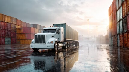 White semi truck with cargo container driving through a wet port yard at sunset. Logistics and global shipping concept.