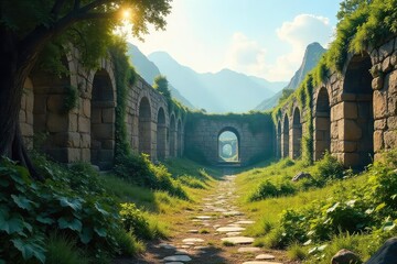 Obraz premium Ancient ruins of a forgotten civilization, overgrown with vegetation, sunlight illuminating crumbling stone structures A testament to time's relentless passage , sunlight, travel, stones