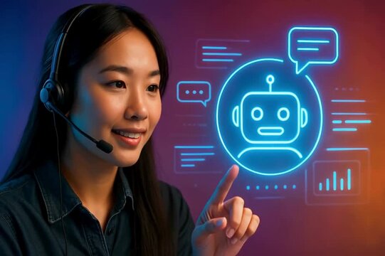 A tech-savvy Asian woman engages with an AI chatbot interface. Her radiant smile and focused gaze suggest an advanced engagement.