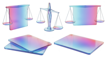 Transparent scales of justice isolated against a white backdrop displaying different angles illustrating themes of law fairness and legal decision-making Ideal for legal concept visual