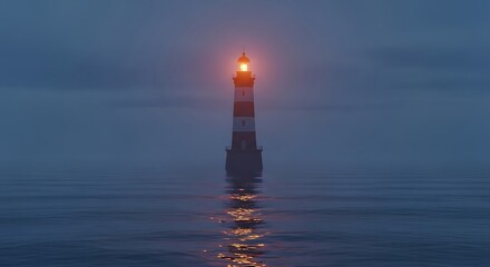 Photo of a lighthouse stands tall in the sea, its light piercing through the fog
