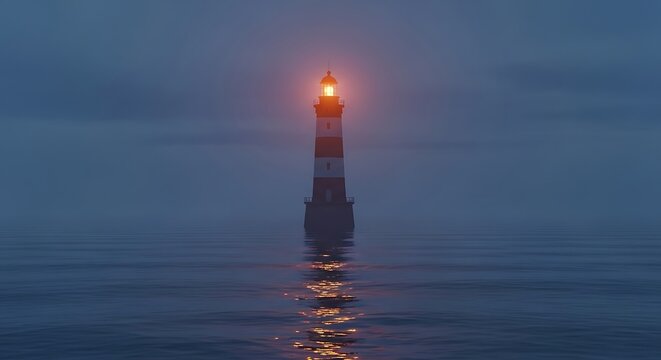 Photo of a lighthouse stands tall in the sea, its light piercing through the fog
