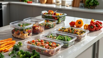 Colorful meal prep in a modern kitchen with fresh vegetables and neatly organized containers