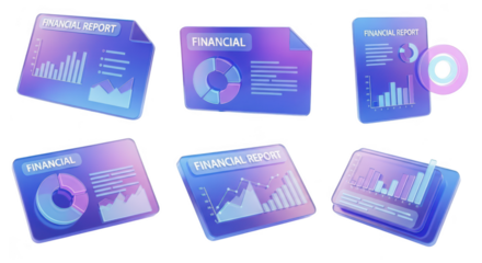3D-rendered digital financial reports floating in mid-air showcasing different charts & graphs isolated on white Useful for presentations