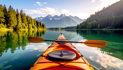 Kanadier auf See, Bergpanorama, Bergsee, 