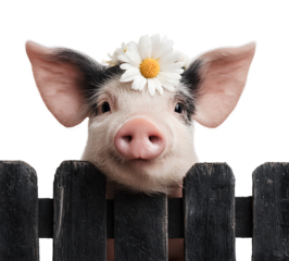 A happy pig with a daisy on its head, sitting behind a black wooden fence, on a white background