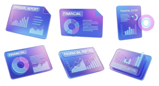 3D-rendered digital financial reports floating in mid-air showcasing different charts & graphs isolated on white Useful for presentations