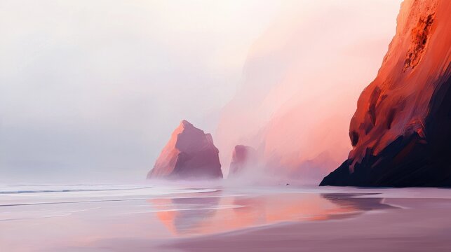 Misty pink beach with rocky formations reflecting on calm waters at dawn in a serene coastal landscape