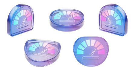 Transparent gauge icons showing progress or performance in various angles against a white background for web design and infographics