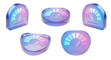 Transparent gauge icons showing progress or performance in various angles against a white background for web design and infographics