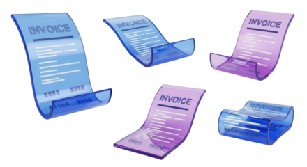 3D-rendered transparent invoices floating against white showcasing billing accounting and business finances