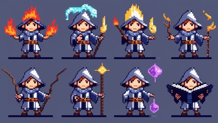 Fototapeta premium Eight pixel art wizards displaying elemental magic and holding staffs and a spellbook