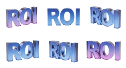 Transparent ROI letters in varying angles on white symbolizing investment returns for business success