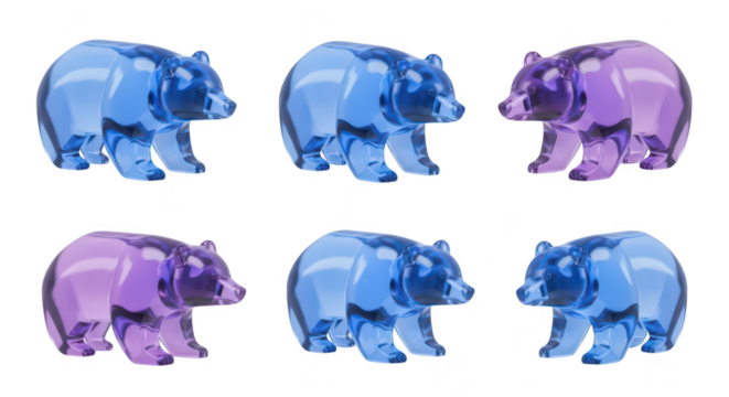 Colorful glass bear figurines arranged in rows on a white studio backdrop illustrating abstract design creative concepts - Powered by Adobe