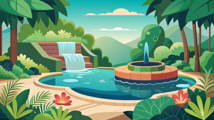 Vector art of a serene garden scene with a central fountain and a cascading waterfall into a tranquil pond