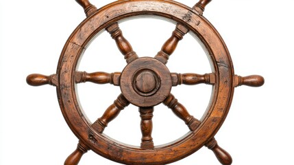 Old wooden ship wheel from a sailboat. Marine navigation tool. Concept of travel, adventure and steering. Nautical equipment.