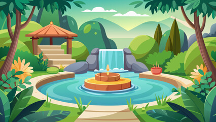 Vector art of a picturesque garden with a pond, fountain, and waterfall, including a charming gazebo and scenic mountain backdrop