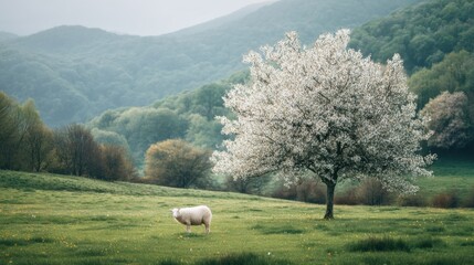 A white sheep stands on a green, grassy meadow with a large blooming tree and distant foggy hills. Spring landscape and rural life with farm animal.