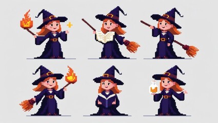 Pixel art witches in various poses holding magical items and brooms Halloween