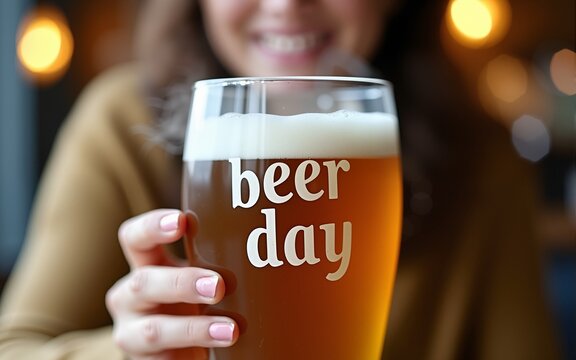 Woman holding a glass of frothy beer behind a steamy glass with "beer day" written on it, celebrating the holiday. High quality