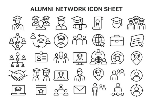 Alumni Network Icons: A clean and cohesive collection of illustrative icons representing different aspects of alumni networking, designed with a modern, line-art style for versatile application.