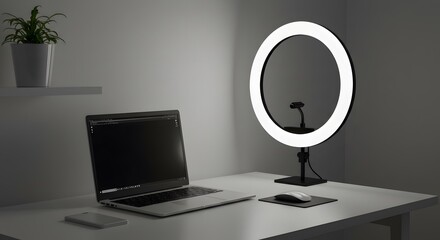 A ring light with laptop on the side, for media and content creation