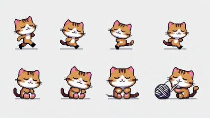 Eight pixel art cats in various poses including running sitting and playing with yarn