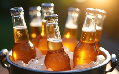 cold beer bottles in ice bucket with condensation — ideal for international beer day campaigns, summer party flyers, or beverage branding design. High quality