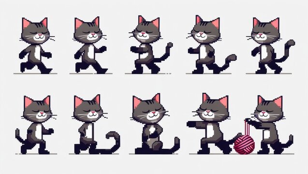 Pixel art grey cat character sprite sheet with various poses and activities