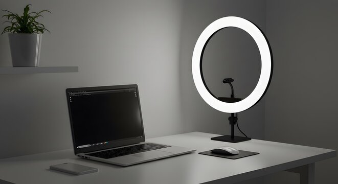 A ring light with laptop on the side, for media and content creation