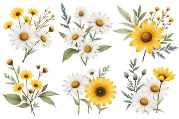 Watercolor floral arrangements featuring daisies and sunflowers with greenery