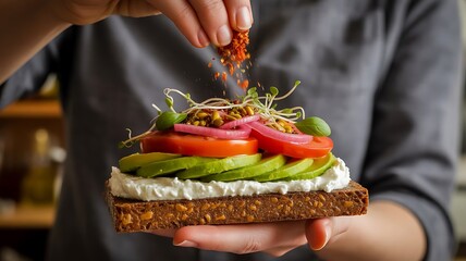 A person sprinkles spices on a delicious open faced sandwich