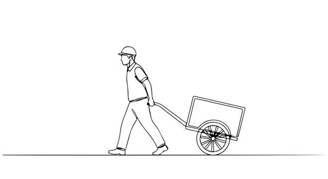 Man pulling cart outline shows labor with handcart for manual transportation. Outline presents construction worker with pull cart with two wheels for cargo,