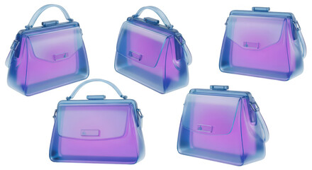 A collection of five translucent purple handbags displayed against a bright white background for fashion or retail use