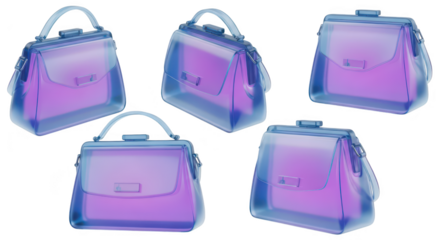 A collection of five translucent purple handbags displayed against a bright white background for fashion or retail use