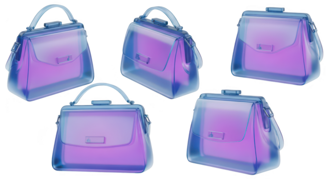 A collection of five translucent purple handbags displayed against a bright white background for fashion or retail use