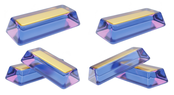 Four gold bars encased in blue transparent resin isolated on white showcasing financial investment concepts