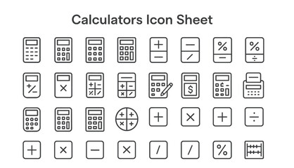 Calculator Icon Sheet: A comprehensive icon sheet featuring a variety of calculator symbols, perfect for illustrating concepts related to math, finance, and computation.